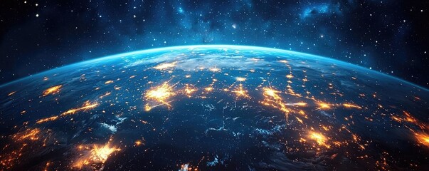 Poster - Dramatic nighttime abstract background concept. Vibrant view of Earth showcasing city lights against a starry backdrop.