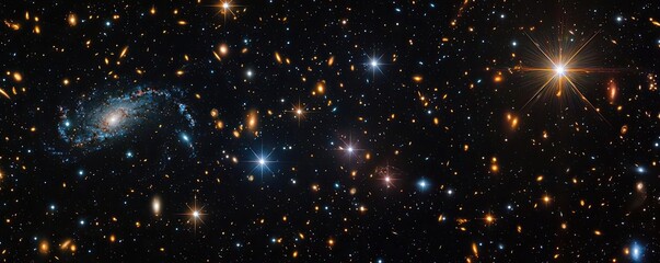 Poster - Dramatic nighttime abstract background concept. Stunning view of distant galaxies and stars illuminating the vast universe.