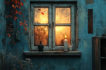 Aufkleber - A cozy scene with a lit candle on a windowsill