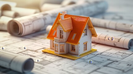 Poster - 3d rendering project of new building model house on blueprint plan