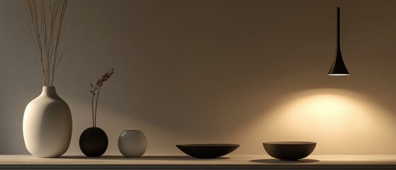 Poster - A decorative table setting with three vases and a bowl