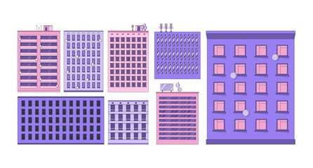 Poster - Highrise buildings in variety of architectural styles with antennas 2D cartoon objects set. Downtown office apartments isolated elements flat vector clip arts on white. Spot illustrations collection