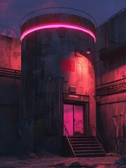 Poster - A modern building with a neon sign and stairs, suitable for use in urban or cityscape contexts