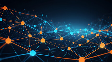 Abstract digital network background with glowing connections and nodes in orange and blue colors. Big data technology concept
