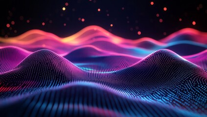 Wall Mural - 3d render of an abstract background with a glowing wave, neon dots, and glow lines on a dark blue ba