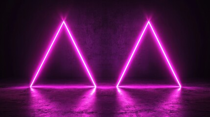 Poster - In a 3d illustration, a futuristic corridor is shown with abstract flying, incorporating a background of triangles, fluorescent ultraviolet light, and vibrant laser neon lines that traverse a
