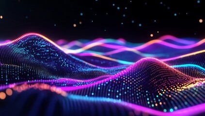 Wall Mural - 3d render of an abstract background with a glowing wave, neon dots, and glow lines on a dark blue ba