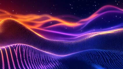 Wall Mural - 3d render of an abstract background with a glowing wave, neon dots, and glow lines on a dark blue ba