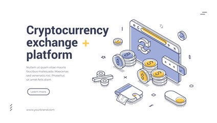 Aufkleber - Web banner template showcases a cryptocurrency exchange platform with a clean isometric design. It features coins, a digital interface, and clear calls to action for users interested in trading.