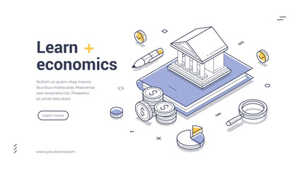 Aufkleber - Web banner template features an isometric illustration focused on economics education featuring a bank building, financial symbols, and analytical tools. Ideal for promoting learning.