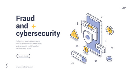Poster - Web banner template focuses on fraud and cybersecurity, featuring an isometric design. Elements like smartphones and warning signs illustrate the importance of protecting against digital threats.