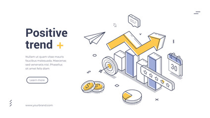 Poster - Web banner template features a positive trend theme with isometric illustrations. It includes upward arrows, charts, and elements representing success and growth in a clear, vector format.