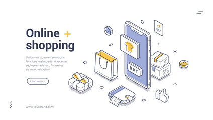Poster - Web banner template features an isometric design showcasing online shopping elements such as a smartphone, shopping bags, and various payment methods. Ideal for e-commerce platforms.