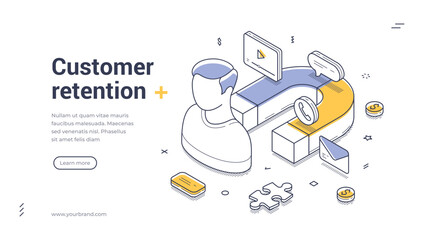 Aufkleber - Web banner template designed for customer retention showcases an isometric illustration featuring a person with various digital elements. Modern vector illustration
