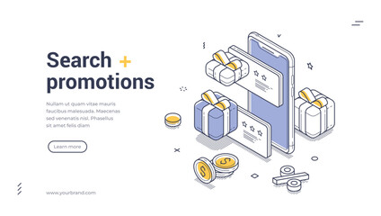 Poster - Promotional web banner template features an isometric design showcasing a smartphone with gift boxes and coins. Ideal for advertising search promotions and special offers.