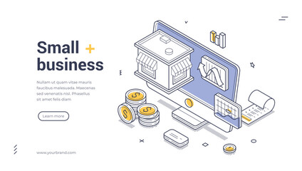 Aufkleber - Web banner template features isometric design elements to showcase small business solutions.