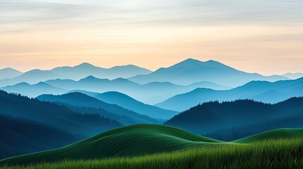 Aufkleber - Abstract landscape background idea. Breathtaking view of rolling hills and misty mountains during sunrise.