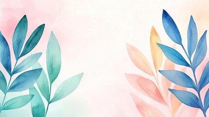 Poster - Digital watercolor painting abstract background idea. Watercolor leaves in soft pastel colors create a serene and artistic background.