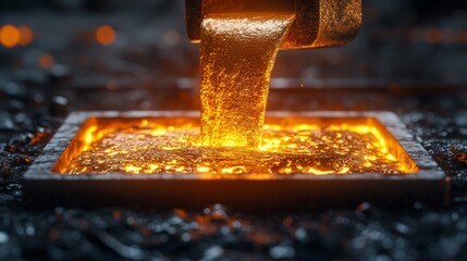 Fototapete - Molten metal is carefully poured into a mold during the casting process in a manufacturing factory. Bright orange liquid showcases the intense heat used in metallurgy.