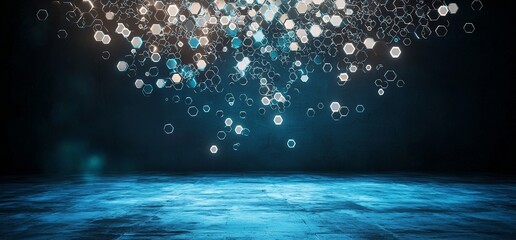 Aufkleber - The image depicts a futuristic, high-tech underground garage with a concrete, grunge-style tunnel hallway, complete with reflective surfaces, glowing blue and white LED lights, and a sleek, tiled