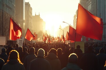 Poster - A group of people carrying red flags walk down a busy street, possibly participating in a protest or rally
