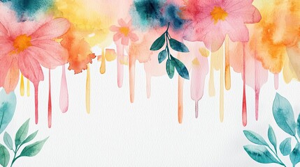 Poster - Digital watercolor painting abstract background idea. A vibrant watercolor illustration of colorful flowers and green leaves.