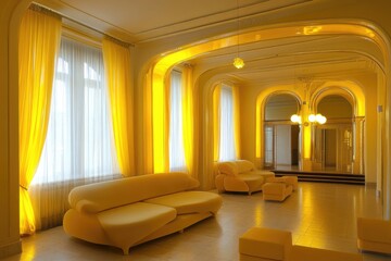 Aufkleber - A cozy living room with a focus on bright yellow furniture, perfect for home decor and design inspiration