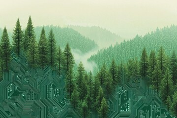 Poster - Electronic circuit boards with a web background are connected to forest natural sustainability through generative ai