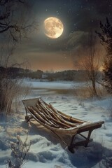 Aufkleber - A wooden bench sits in the snow under a bright full moon, perfect for winter scenes and nighttime photography