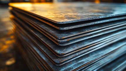 Aufkleber - Metal sheets are stacked neatly in a bright industrial factory, reflecting the precision of manufacturing and engineering processes involving steel and aluminum.