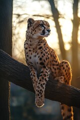 Poster - A cheetah is perched on a tree branch, basking in the warm sunshine