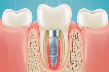 Poster - Detailed medical infographic depicting cross-section of tooth implant within gum structure at a dental clinic