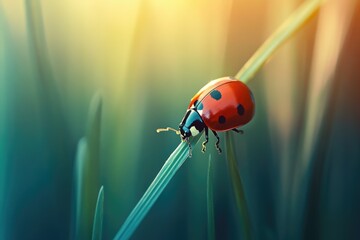 Poster - A small ladybug sits on a single blade of grass, enjoying the sun
