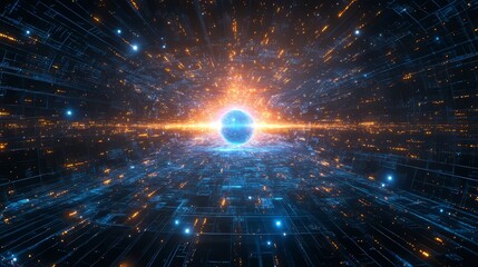 Poster - Digital Pathways Converge Abstract Vector Design with Intense Blue Light Cluster and Vibrant Colors