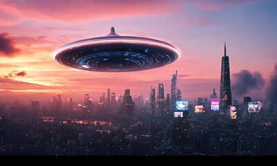 Fototapete - UFO over futuristic city sunset