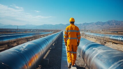 Poster - A worker in an orange uniform and helmet walks beside long pipelines in a vast petrochemical facility. The clear sky and mountains in the background create a serene industrial atmosphere.