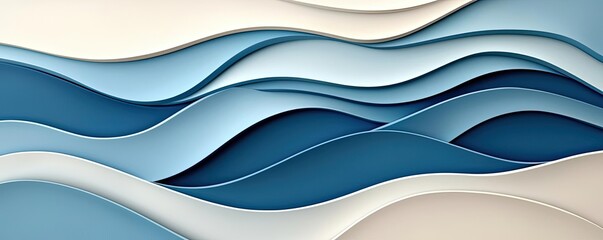 Poster - Abstract landscape background idea. Abstract paper waves in blue and white tones create a serene visual experience.
