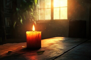 Aufkleber - A single lit candle sits on top of a wooden table, ready for use