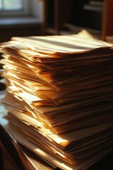 Poster - Stacked documents and papers sit on a wooden surface, ideal for office or study settings