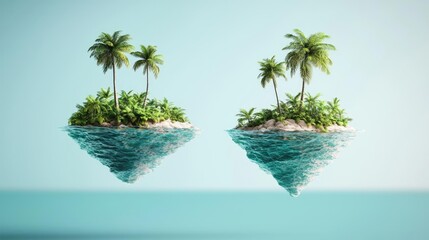 Poster - Abstract landscape background idea. Floating islands with palm trees above serene waters, creating a tranquil escape.