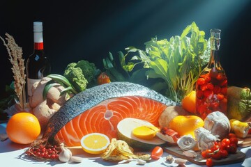 Poster - A table set with a variety of food and a bottle of wine, perfect for a dinner party or gathering