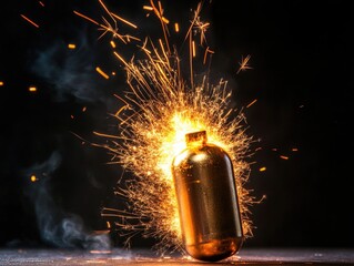Poster - A fire extinguisher emitting sparks, suitable for use in emergency response scenarios or as a visual representation of safety and preparedness
