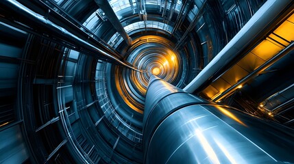 Fototapete - Futuristic metallic tunnel with glowing lights and intricate patterns, evoking a sense of depth and technology