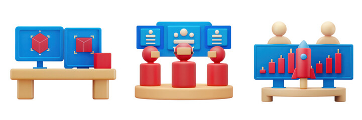 Poster - 3D Illustration of Abstract Business Meeting with Data Visualization and Team Collaboration Elements