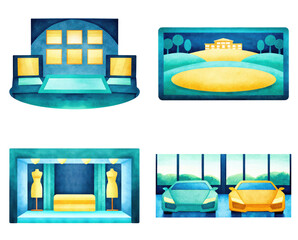 Poster - Colorful and Modern Digital Illustrations Featuring Various Stylish Room Concepts and Scenic Views