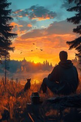 Poster - A person sitting on grass, admiring sunset