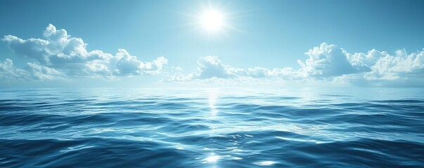 Poster - Abstract landscape background idea. A serene ocean scene with sunlight reflecting off the calm blue water and fluffy clouds.