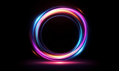Poster - A futuristic and abstract dark background is characterized by glowing neon lines and shapes, along with a multi-colored glow, blurry lights, and a bokeh effect, resulting in an empty stage background