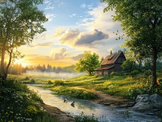Poster - A house sits on top of a hill overlooking a serene river