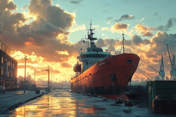 Poster - A large boat docks in a busy harbor with other vessels and seafront structures